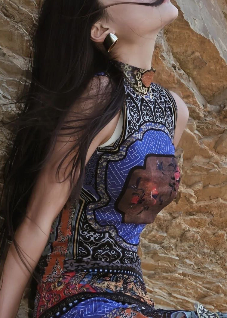 Bohemian Blue Print Patchwork Chiffon Dresses Sleeveless