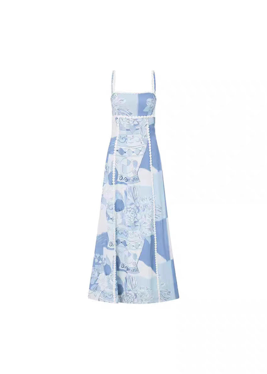 Bohemian Blue Print Patchwork Long Spaghetti Strap Dress Summer