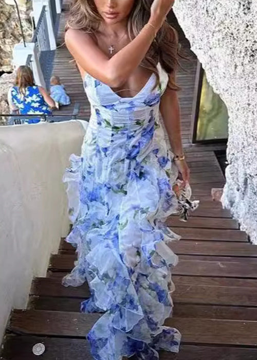 Bohemian Blau Rüschen Print Tüll Spaghettiträger Kleid Ärmellos