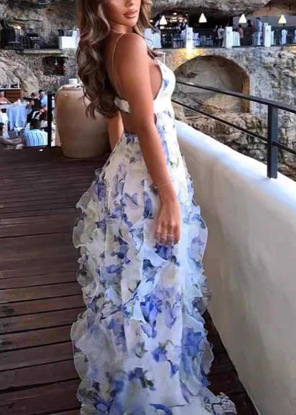 Bohemian Blau Rüschen Print Tüll Spaghettiträger Kleid Ärmellos