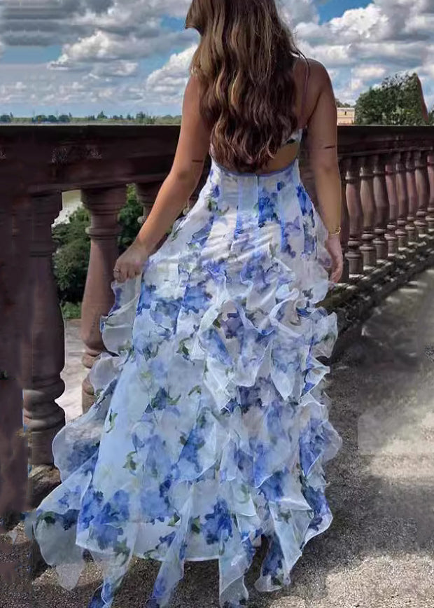Bohemian Blau Rüschen Print Tüll Spaghettiträger Kleid Ärmellos