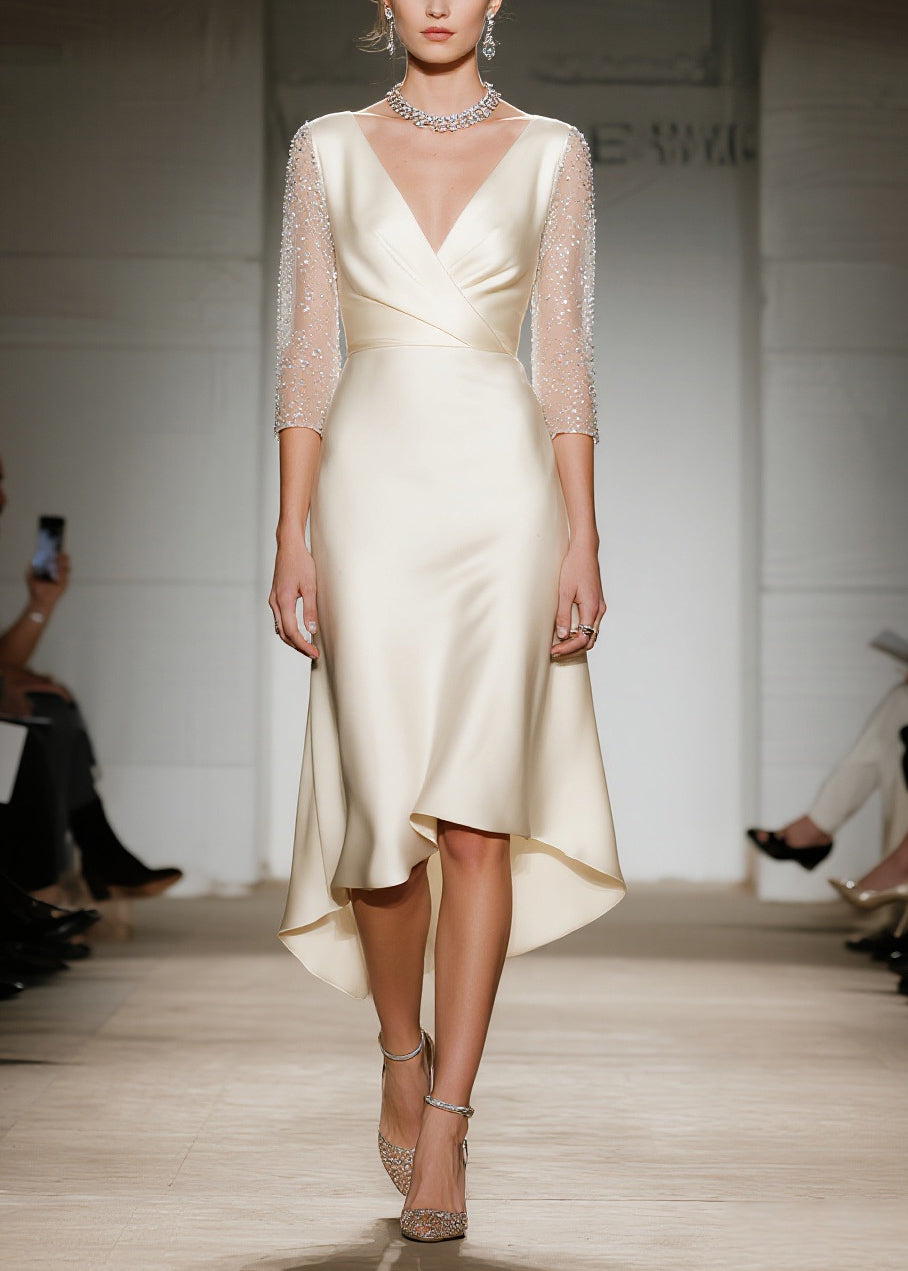 Bohemian Champagne V Neck Patchwork Silk Dresses Summer