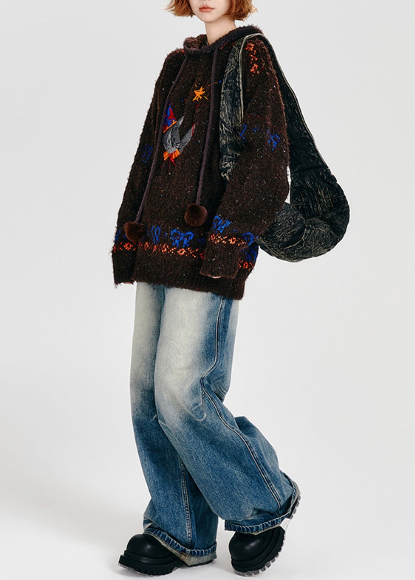 Bohemian Chocolate Kapuzenpullover mit Katzenstickerei, lockerer Strickpullover, Winter