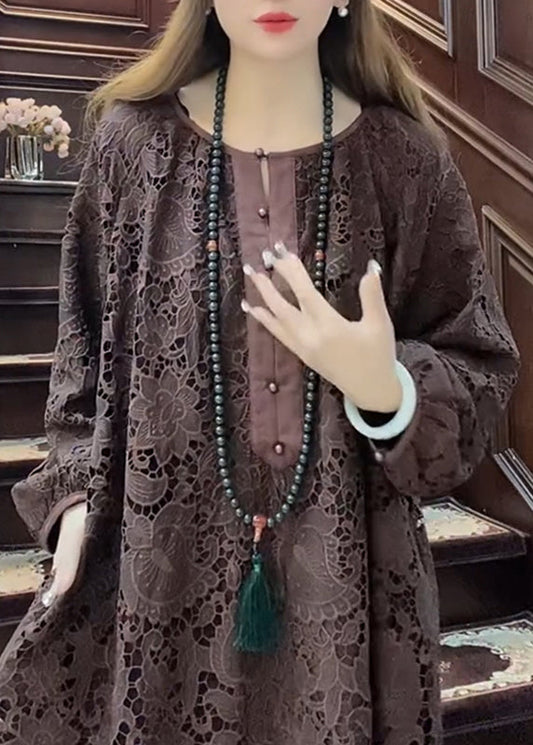 Bohemian Coffee O-Neck Hollow Out Lace Maxi Dress Long Sleeve