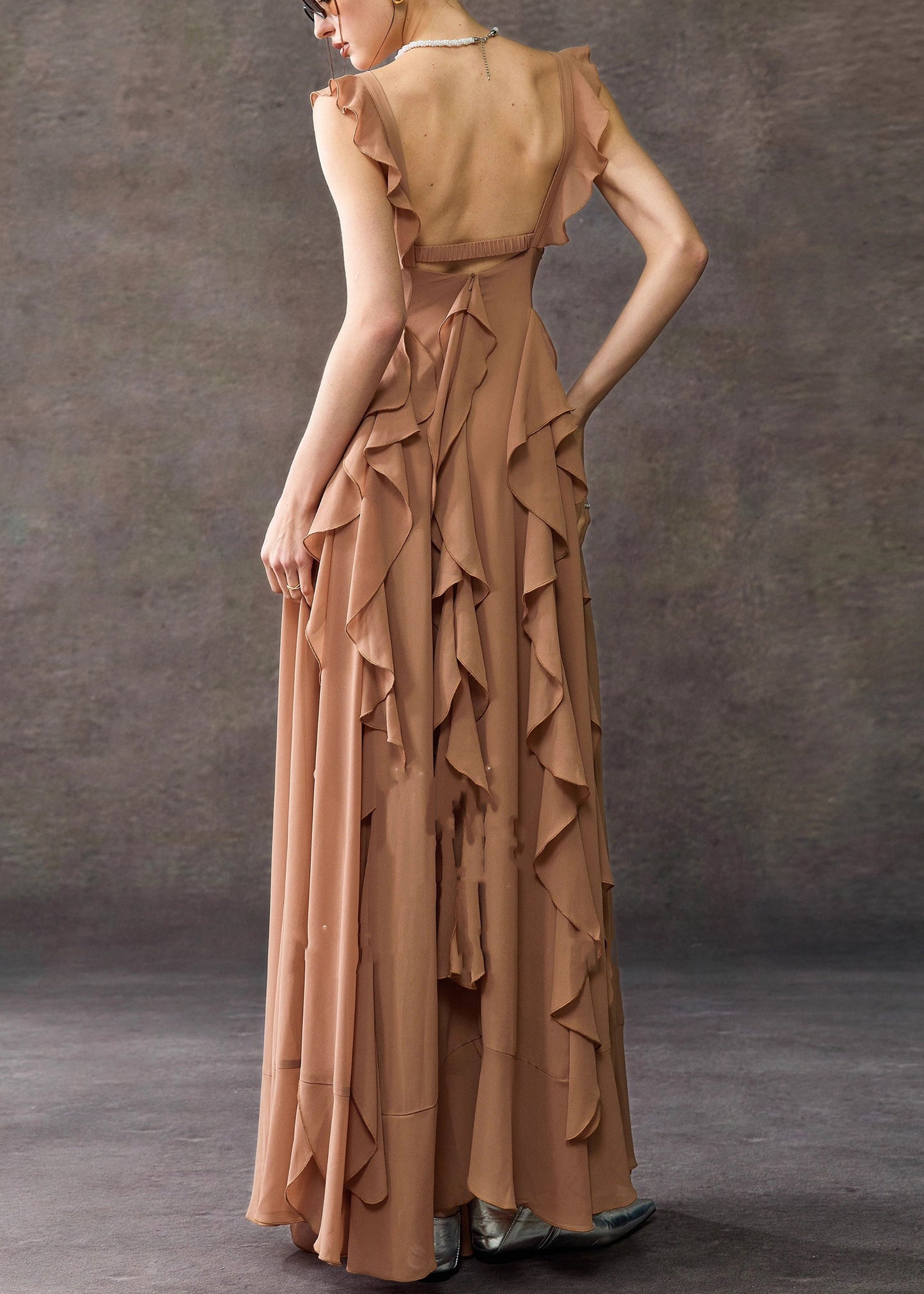 Bohemian Coffee Square Collar Ruffled Cotton Long Dress Summer