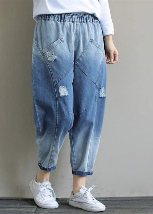 Bohemian Denim Light Blue Trousers Oversize Spring Elastic Waist Hole Work Pant - SooLinen