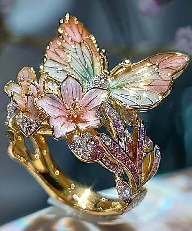 Ringe aus böhmischer Goldlegierung mit Zirkonia-Tropfenglasur, Schmetterlings- und Blumenmuster