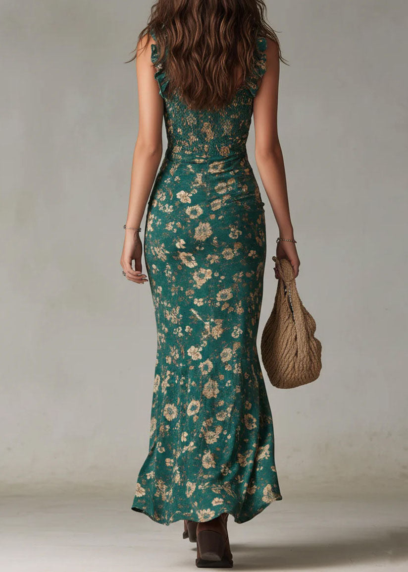 Bohemian Green Ruffled Asymmetrical Print Chiffon Dress Summer