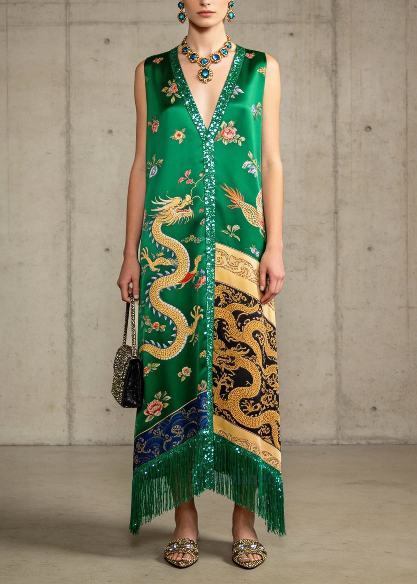 Bohemian Green Tasseled Sequins Silk Robe Dresses Sleeveless