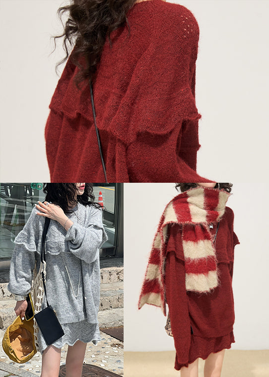 Bohemian Grey Ruffled Patchwork Knit Pullover Winter