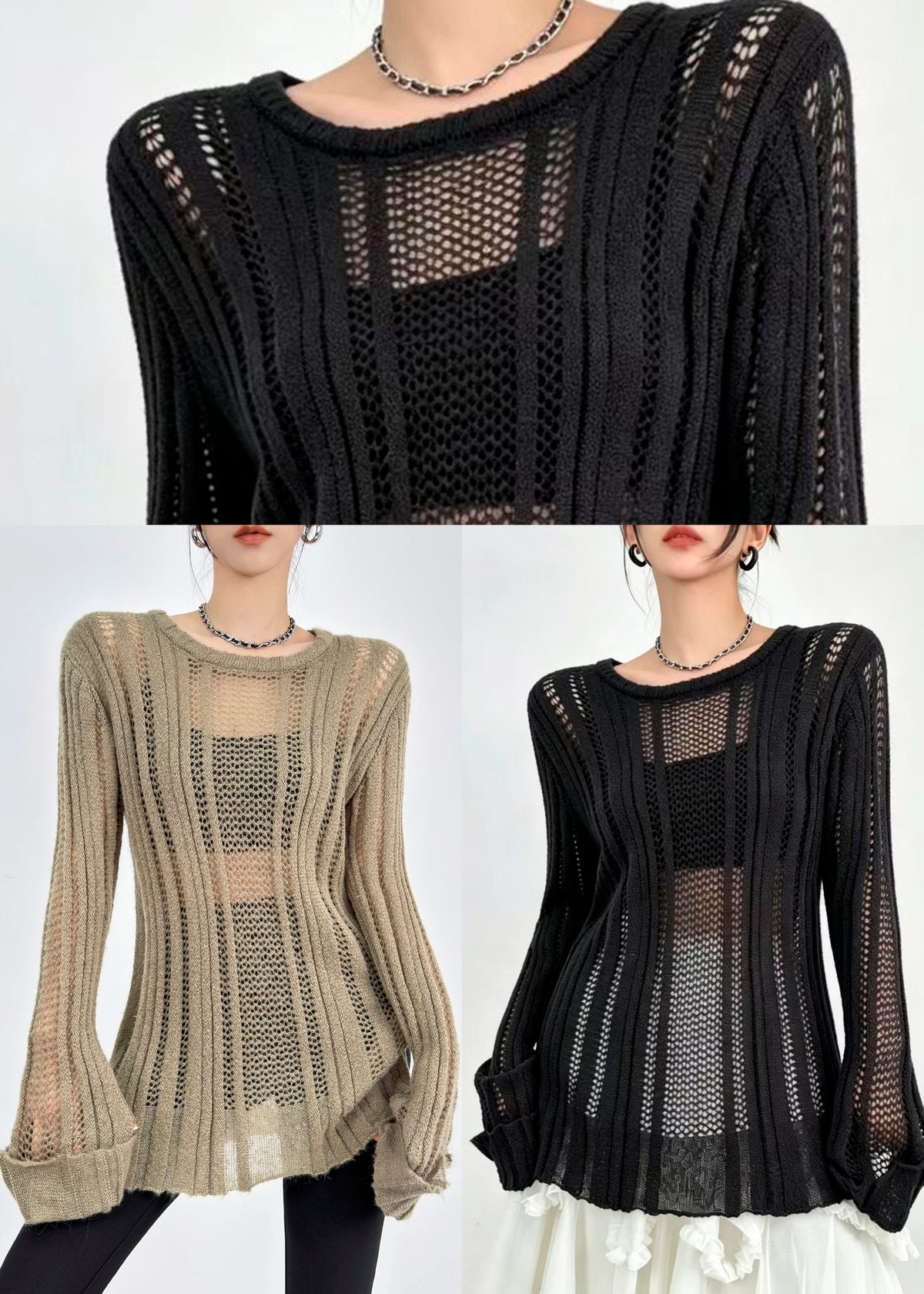 Bohemian Khaki O-Neck Hollow Out Knitted Tops Fall