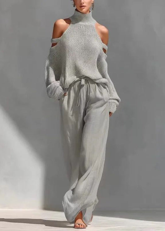 Bohemian Khaki Turtleneck Cold Shoulder Top And Wide Leg Pants Two Pieces Set Summer