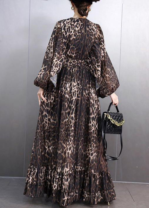 Bohemian Leopard Button Tie Waist Maxi Dresses Fall