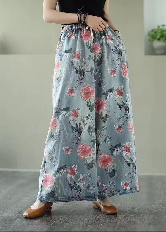 Bohemian Oversized Floral Print Denim Wide Leg Pants Summer