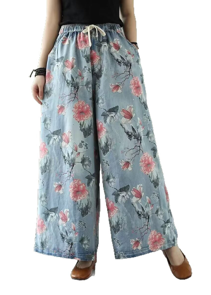 Bohemian Oversized Floral Print Denim Wide Leg Pants Summer