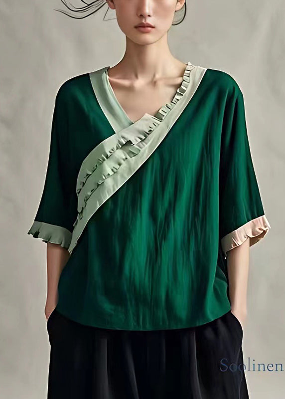 Bohemian Peacock Green Rüschen Patchwork Leinen Blusen Sommer