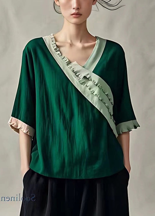 Bohemian Peacock Green Rüschen Patchwork Leinen Blusen Sommer