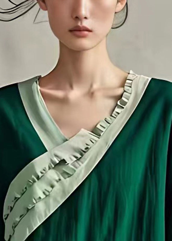 Bohemian Peacock Green Rüschen Patchwork Leinen Blusen Sommer