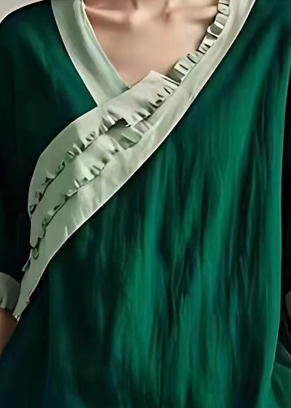 Bohemian Peacock Green Rüschen Patchwork Leinen Blusen Sommer