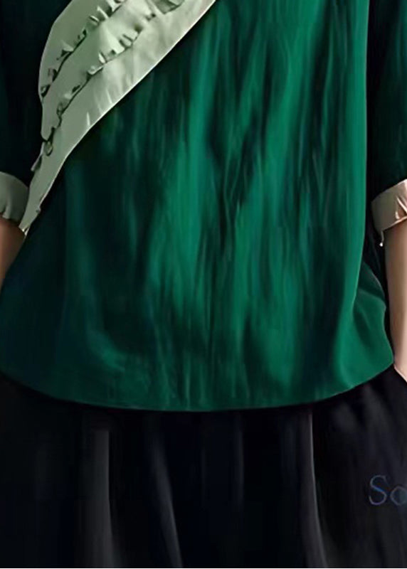Bohemian Peacock Green Rüschen Patchwork Leinen Blusen Sommer