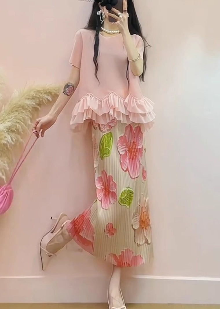 Conjunto de dos piezas de jacquard de seda con volantes en rosa bohemio para verano