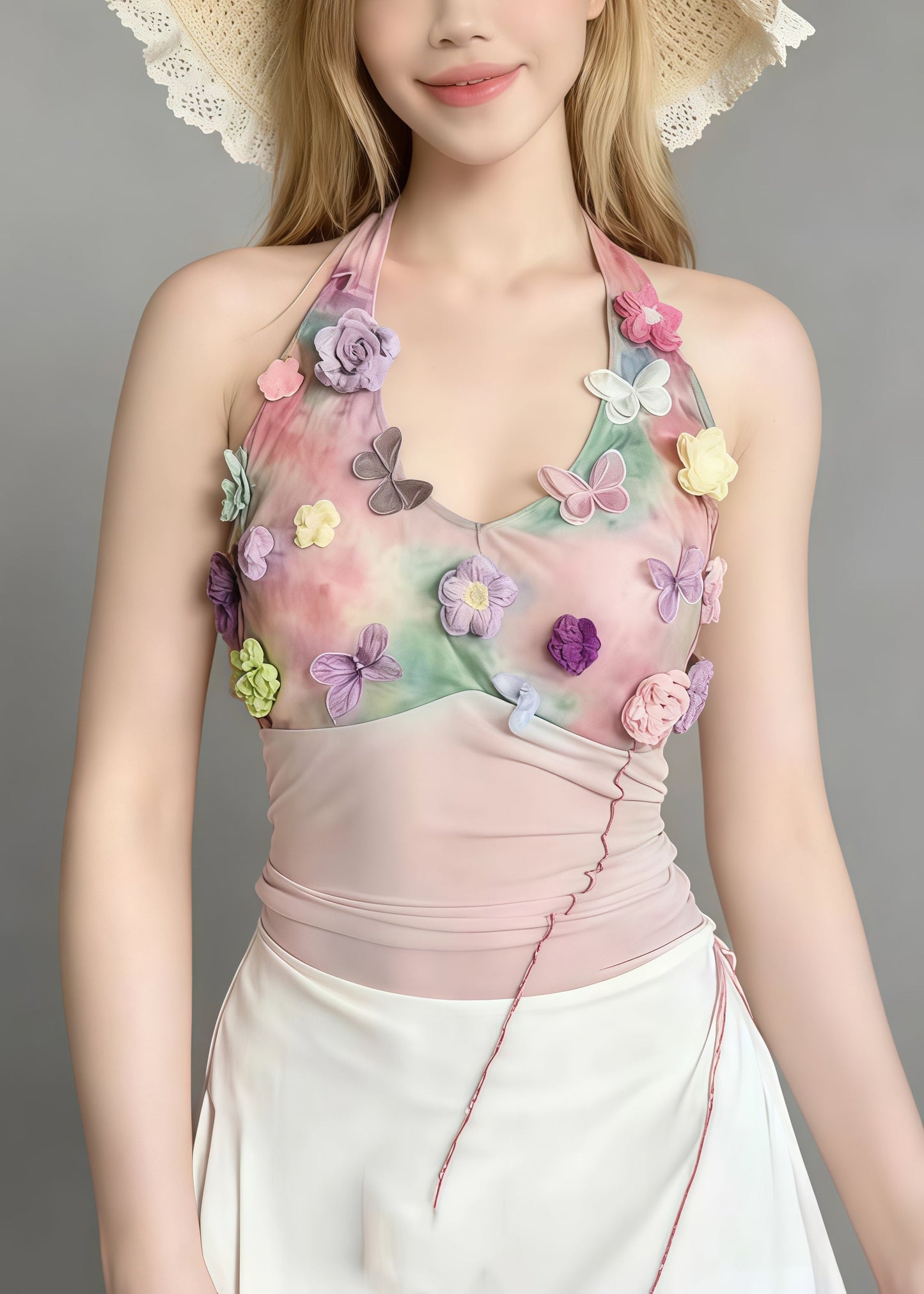 Bohemian Pink Tie Dye Butterfly Decorated Beach Vest Summer