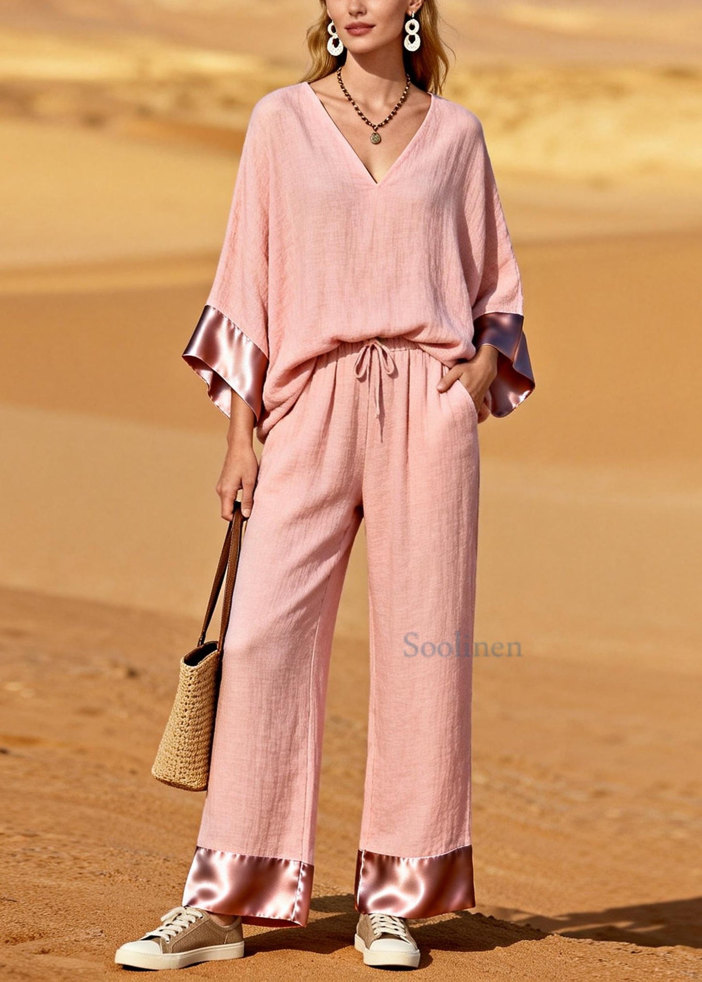 Bohemian Pink V Neck Patchwork Cotton Two Pieces Set Spring