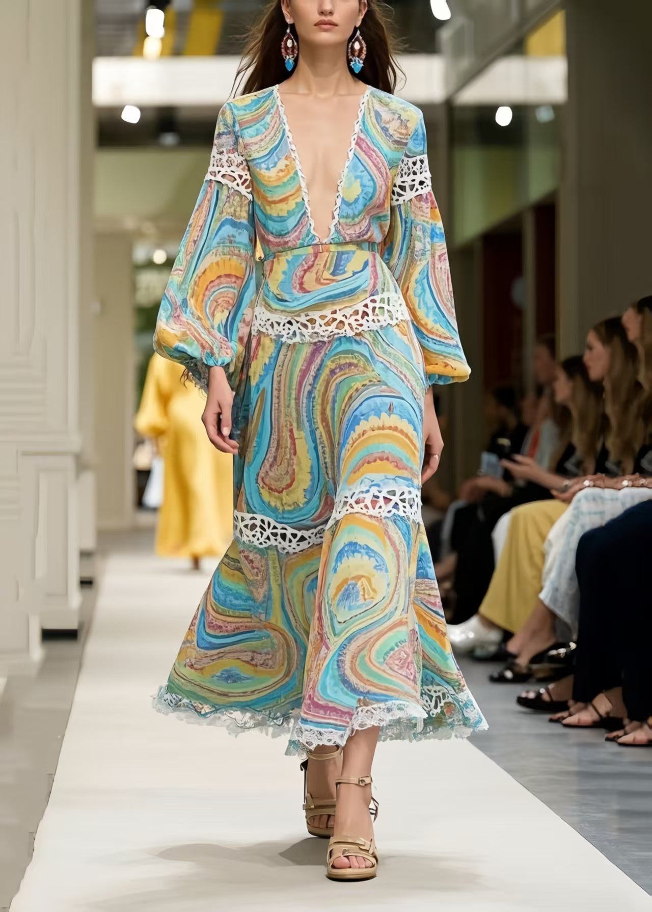 Bohemian Print Patchwork Lace Long Dress Spring