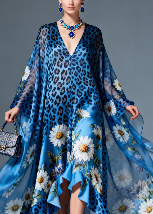 Bohemian Print Ruffled Asymmetrical Design Patchwork Silk Dresses Summer