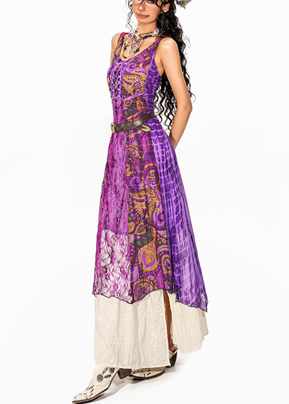 Bohemian Purple Lace Patchwork Long Spaghetti Strap Dress And Maxi Skirt Two-Piece Set Summer