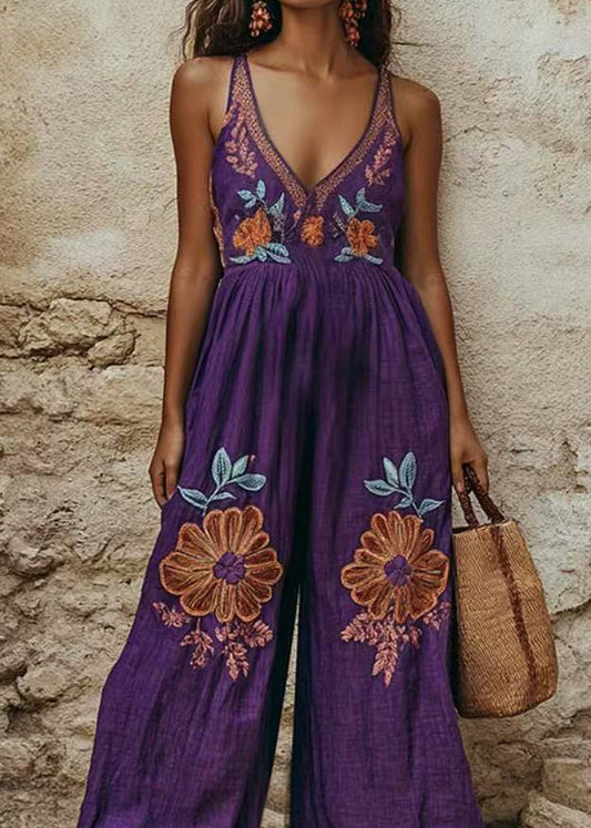 Bohemian Purple Print Wrinkled Wide Leg Jumpsuit Summer