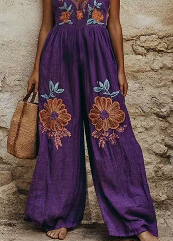 Bohemian Purple Print Wrinkled Wide Leg Jumpsuit Summer