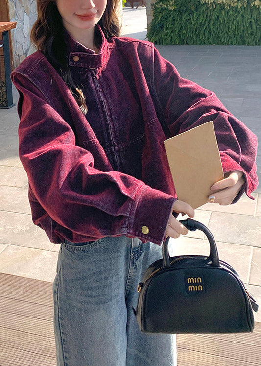 Chaqueta vaquera desmontable con cuello alto morado bohemio para primavera