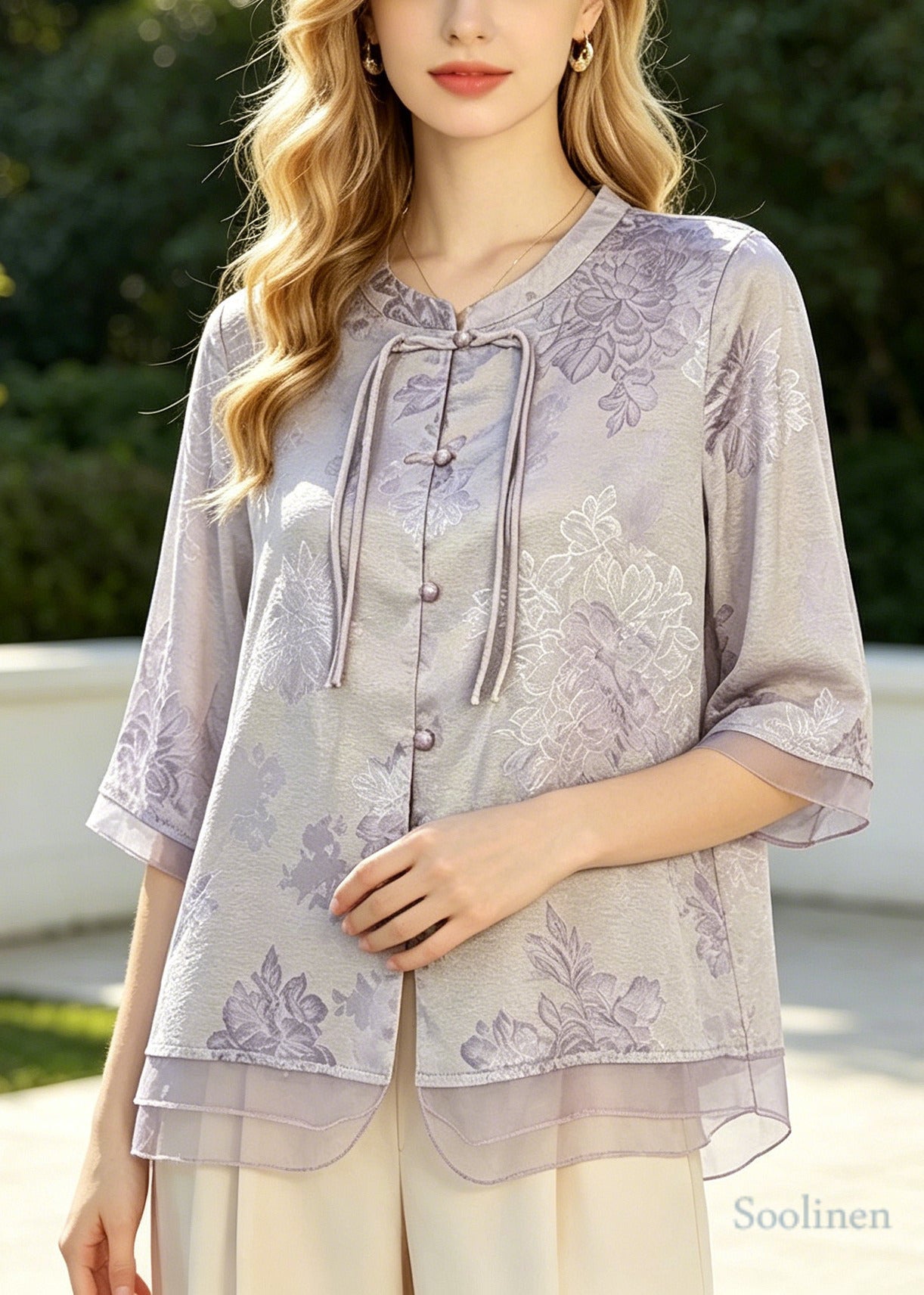 Bohemian Purple Tasseled Jacquard Silk Blouse Top Summer