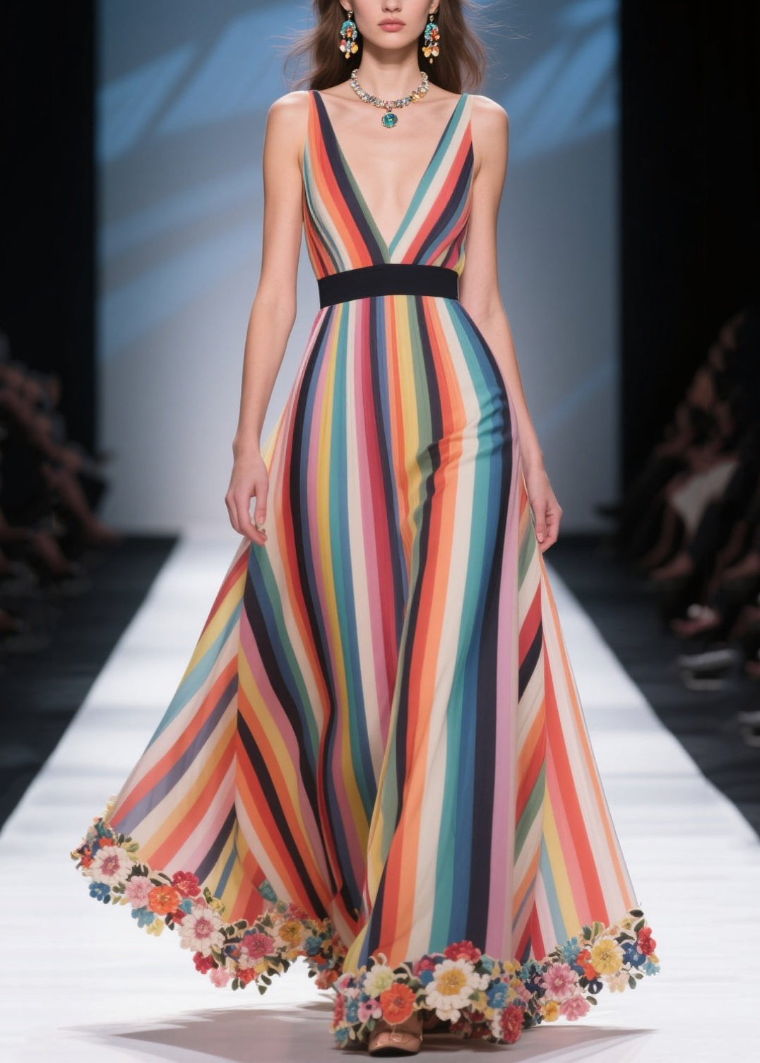 Bohemian Rainbow Striped Patchwork Flower Chiffon Tunic Dress Summer