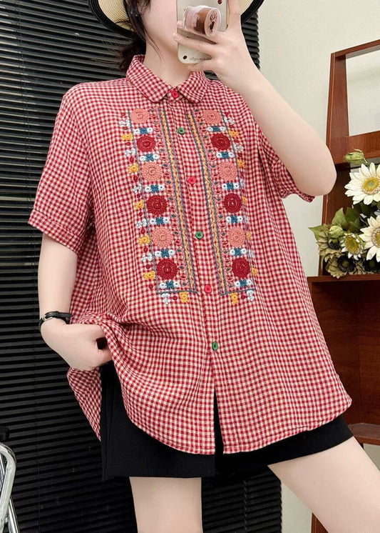 Bohemian Red Embroidered Plaid Linen Tops Summer