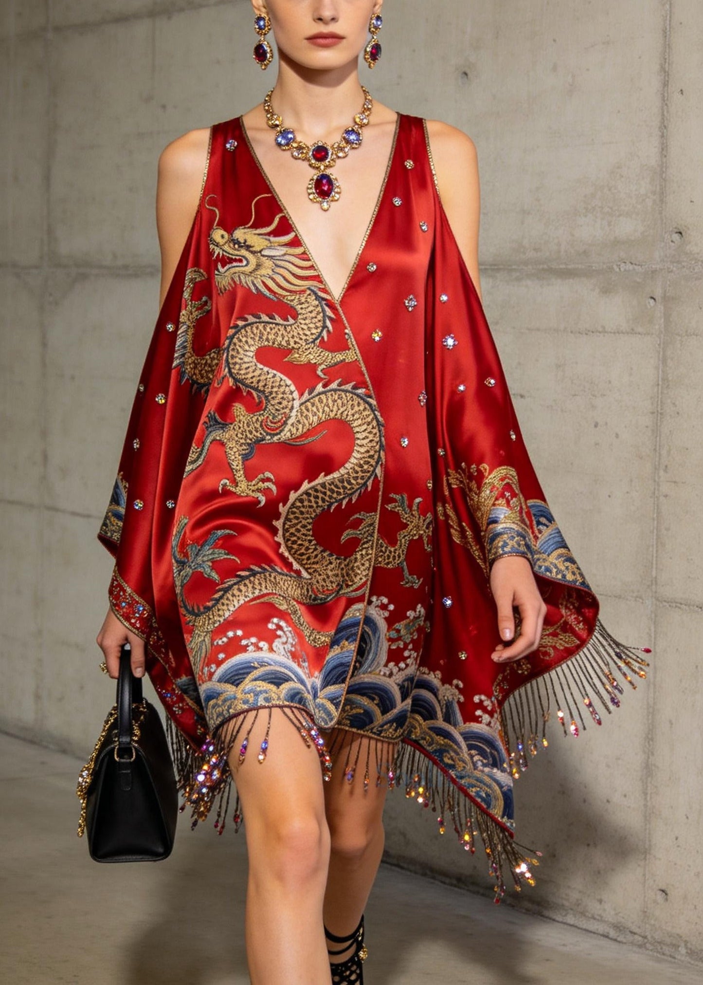 Bohemian Red Fringe Trim Cold Shoulder Rhinestone Silk Dress Summer