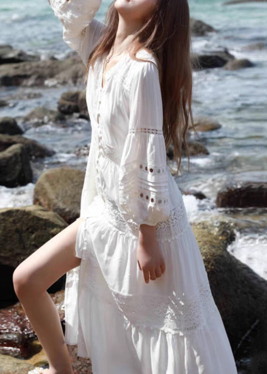 Bohemian Red Hollow Out Lace Button Shirts Dress Lantern Sleeve