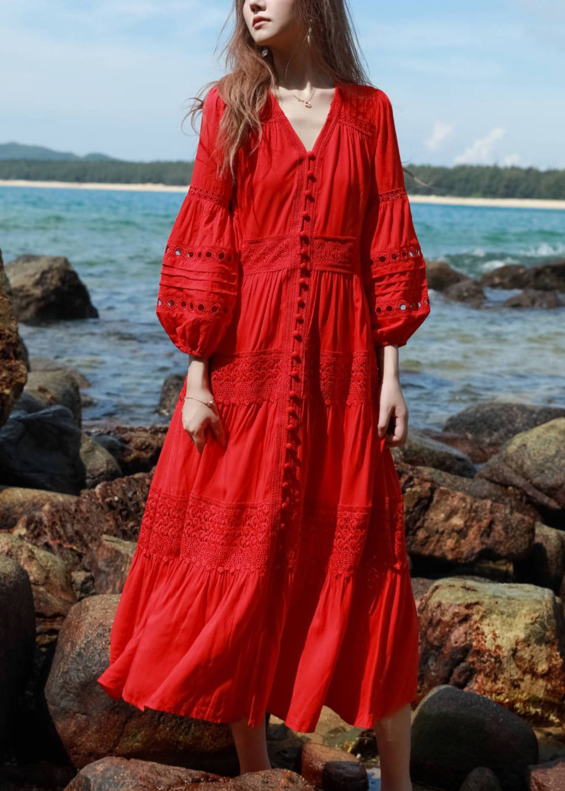 Bohemian Red Hollow Out Lace Button Shirts Dress Lantern Sleeve