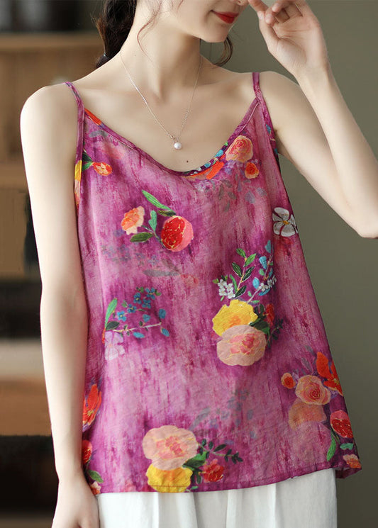 Bohemian Rose O Neck Print Patchwork Leinen Tank Ärmellos