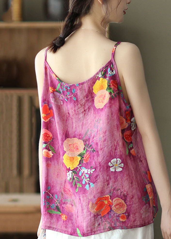 Bohemian Rose O Neck Print Patchwork Leinen Tank Ärmellos