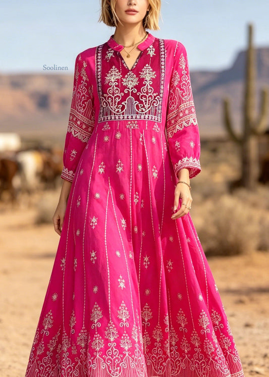 Bohemian Rose V Neck Print Exra Large Hem Cotton Dresses Summer