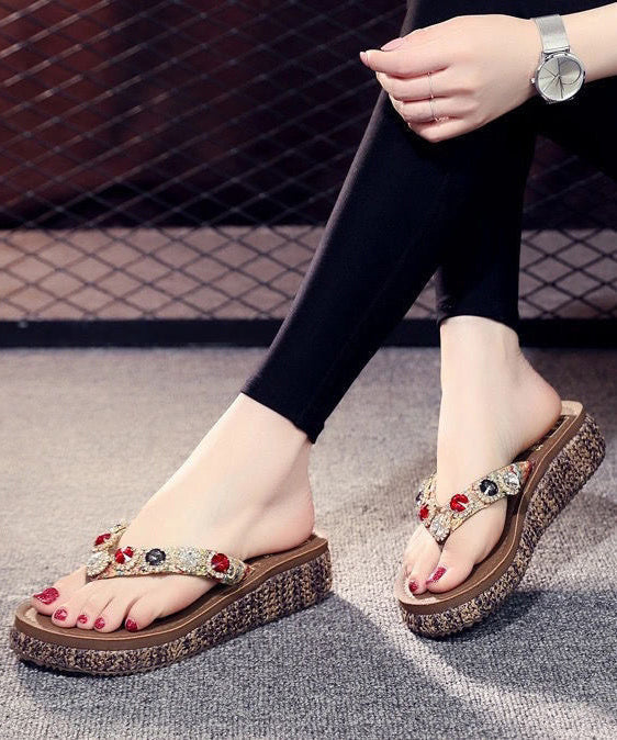 Bohemian Splicing Wedge Braun Flip Flops Zirkon