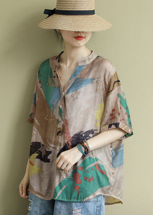 Bohemian V-Ausschnitt Print Button Shirt Tops Halbarm