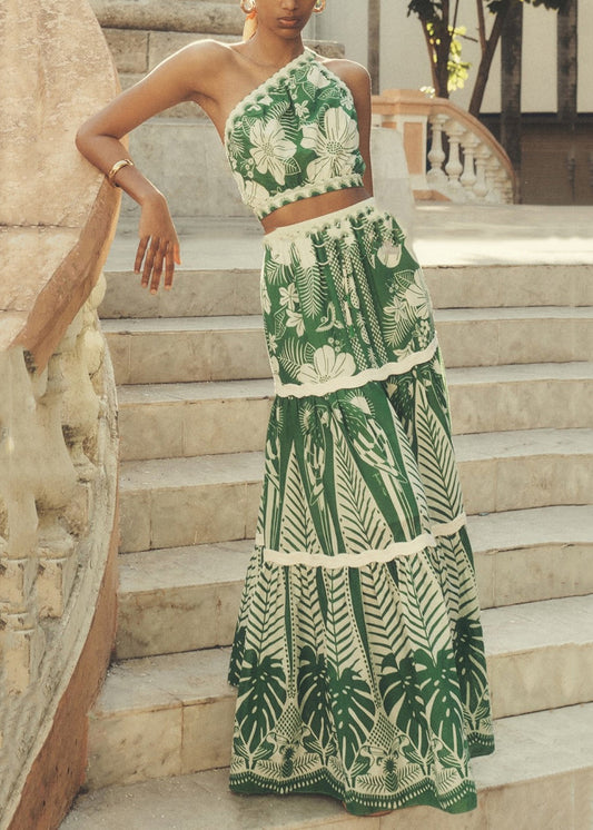 Bohemian Vacation Style One Shoulder Short Top And High Waisted Skirt Set