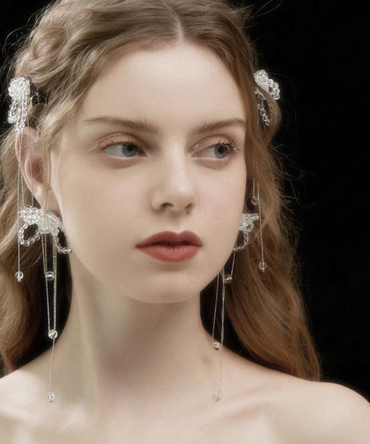 Bohemian White Alloy Crystal Butterfly Tassel Drop Earrings