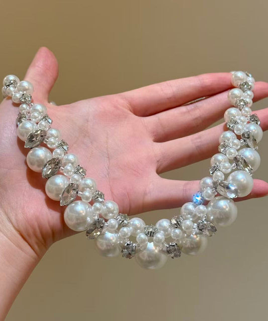 Bohemian White Alloy Zircon Pearl Beading Collar Necklace