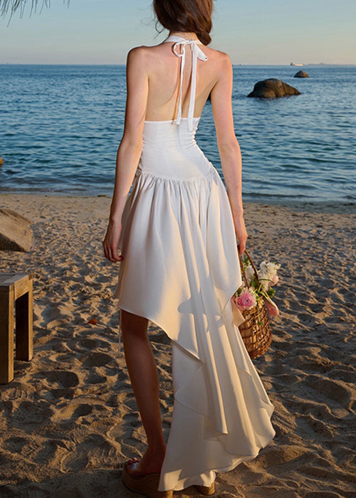 Bohemian White Backless Low High Design Vacation Dress Sleeveless