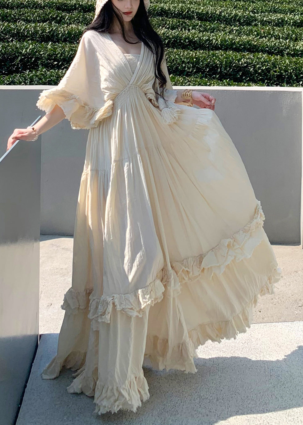 Bohemian White Exra Large Hem Cotton Vacation Dress Summer