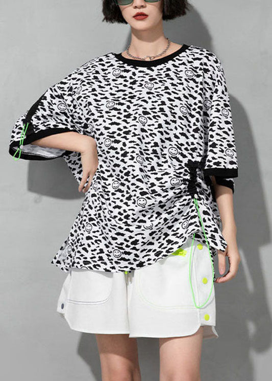 Bohemian Weiß O-Ausschnitt Kordelzug Leopard Baumwolle T-Shirt Kurzarm